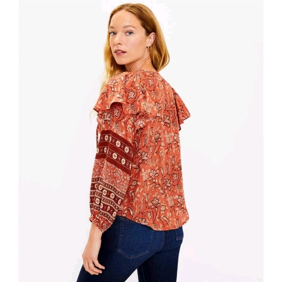 {LOFT} Bouquet Ruffle Tie Neck Blouse Auburn - Size XL - Picture 13 of 14